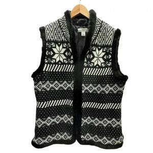 Christopher & Banks Black & White Knit with Faux Fur Trim Stand up Collar Sz XL